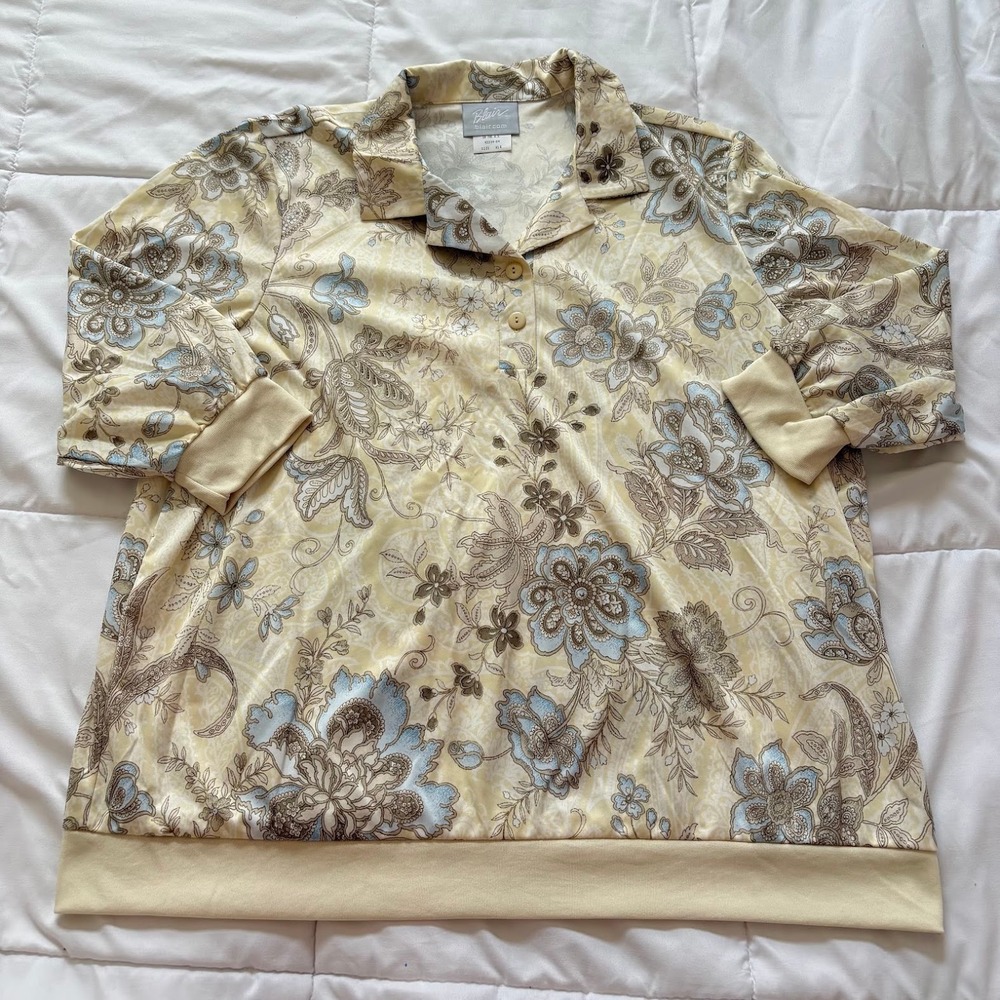 Vintage 80s Blair Floral Paisley Polo Top Yellow Blue Banded Hem XL Office